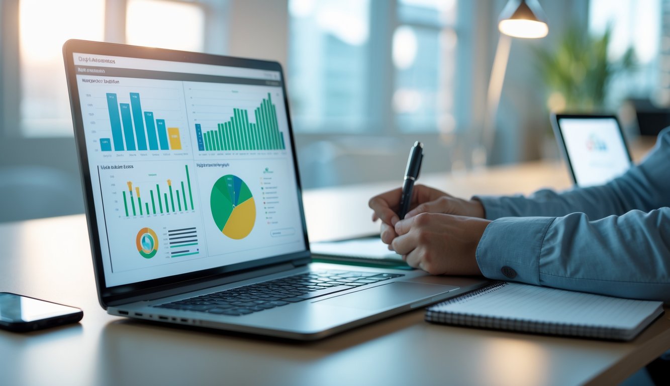 Seseorang sedang menganalisis data togel online di meja kerja dengan laptop, buku catatan, dan perangkat digital lainnya.