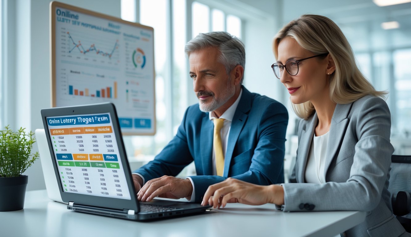 Seorang pria dan wanita dewasa duduk di meja kantor modern, fokus melihat layar laptop dengan grafik dan angka terkait strategi togel online dan sistem diskon.