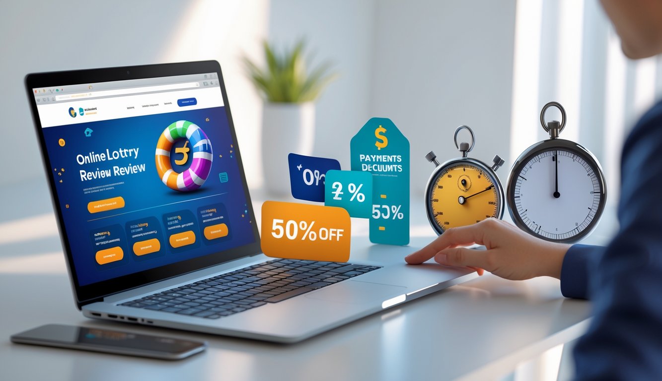 Seorang pria sedang menggunakan laptop di meja kerja dengan ikon pembayaran digital dan simbol diskon di sekitarnya.