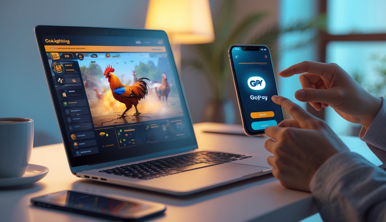 Seseorang menggunakan laptop dan ponsel untuk bermain sabung ayam online dengan aplikasi dompet digital Gopay di meja kerja.