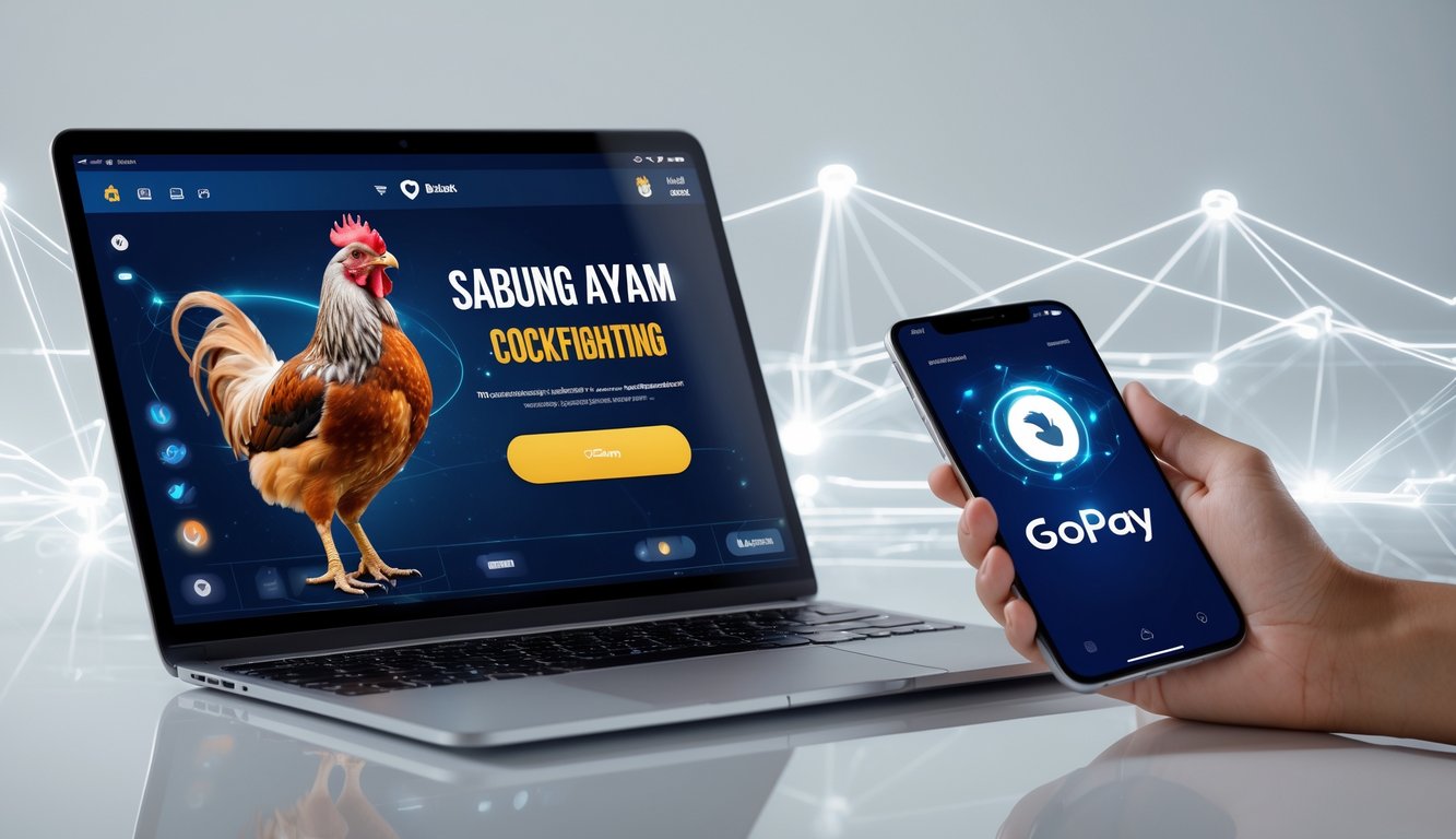 Seorang pengguna memegang ponsel dengan logo Gopay di layar di samping laptop yang menampilkan antarmuka taruhan sabung ayam online.