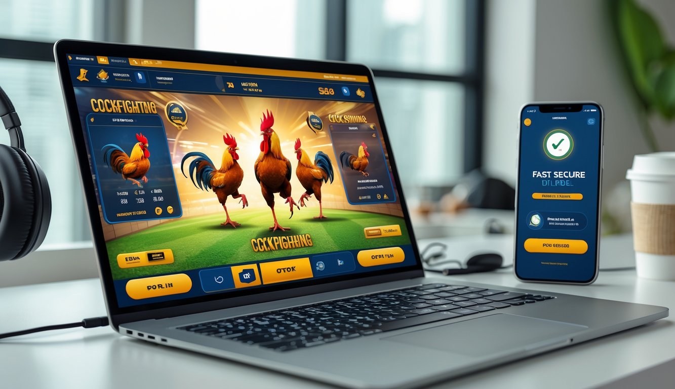 Seorang pengguna sedang memainkan permainan sabung ayam online di laptop dengan ponsel yang menampilkan proses pembayaran cepat menggunakan Gopay di meja kerja.