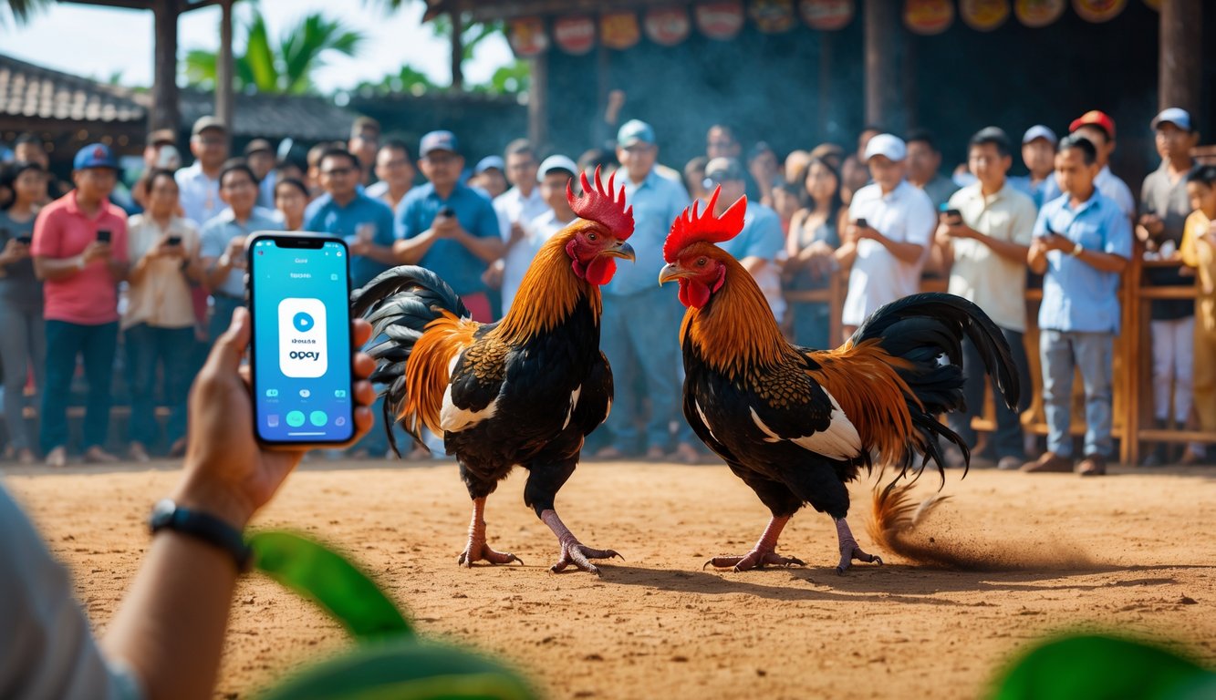 Dua ayam aduan sedang bertarung di arena sabung ayam dengan penonton di sekelilingnya dan latar belakang yang menunjukkan penggunaan pembayaran digital.