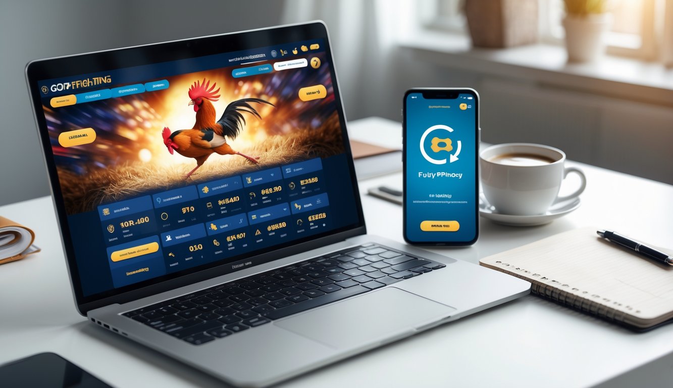 Seseorang menggunakan laptop dan ponsel untuk bertaruh sabung ayam secara online dengan aplikasi dompet digital Gopay di meja kerja.