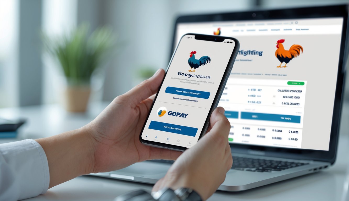 Tangan seseorang memegang ponsel yang menampilkan aplikasi Gopay dengan latar belakang layar laptop yang menunjukkan situs sabung ayam.