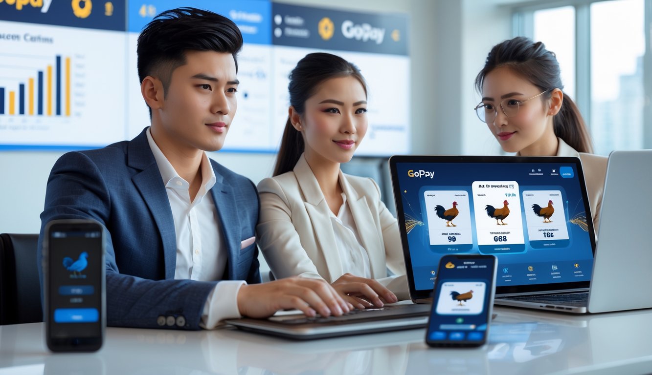 Dua profesional muda duduk di meja dengan laptop dan ponsel, melihat platform taruhan online dengan ikon Gopay di latar belakang kantor yang terang.