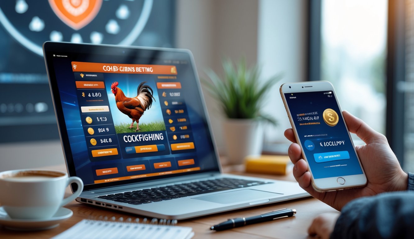 Seseorang menggunakan laptop dan ponsel di meja kerja untuk bertaruh sabung ayam online dengan pembayaran digital yang aman.