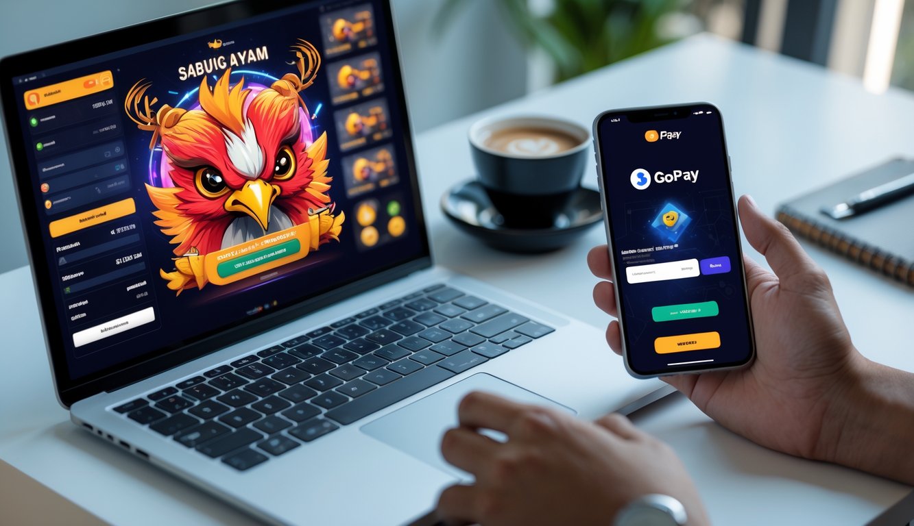 Seorang pengguna duduk di depan laptop dan smartphone yang menampilkan permainan sabung ayam online dan aplikasi pembayaran Gopay di meja kerja yang rapi.