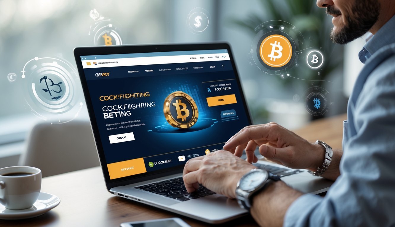 Seseorang menggunakan laptop dan smartphone untuk melakukan deposit dan bertaruh pada sabung ayam online dengan aplikasi pembayaran digital.