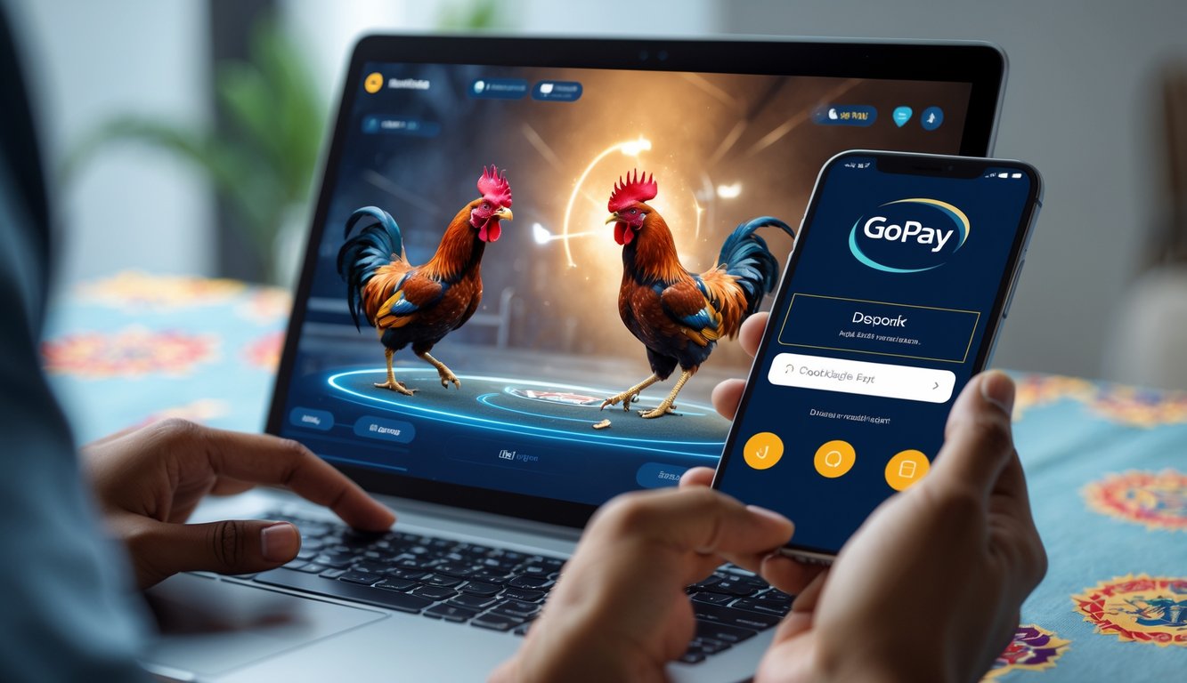 Seseorang menggunakan smartphone untuk memasang taruhan sabung ayam online dengan aplikasi Gopay terbuka di layar.