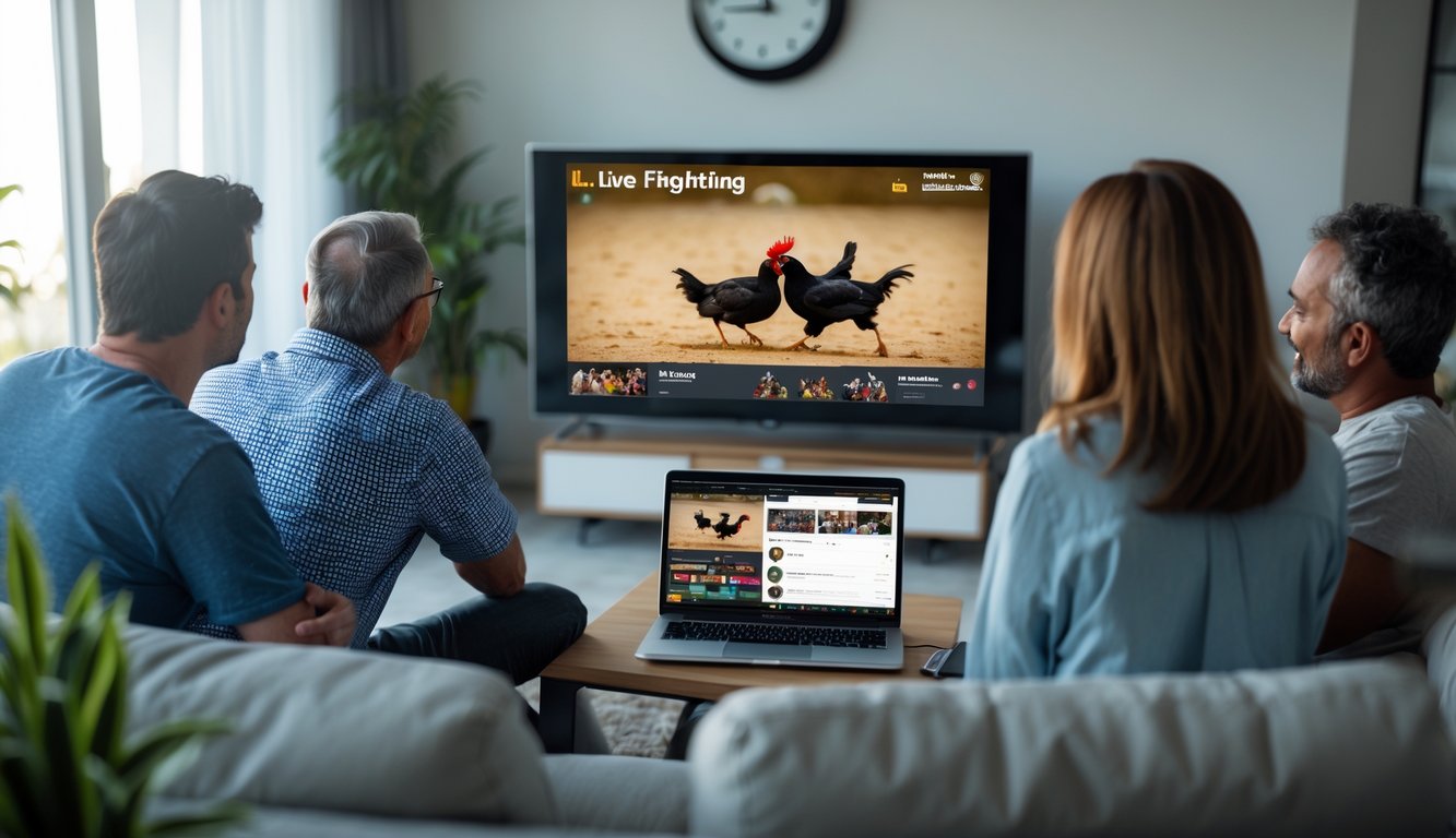 Tiga orang dewasa menonton acara live streaming di ruang tamu yang nyaman.