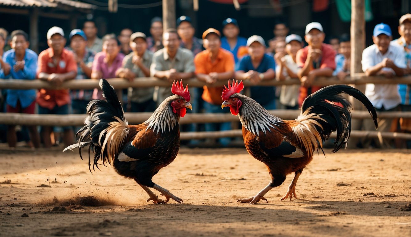 Dua ayam jago sedang bertarung di arena sabung ayam dengan penonton yang antusias di latar belakang.