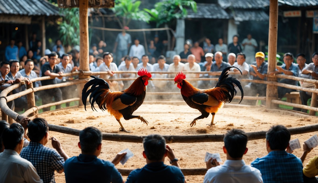 Pertandingan sabung ayam dengan dua ayam bertarung di arena melingkar, dikelilingi oleh sekelompok penonton yang memperhatikan dengan serius.
