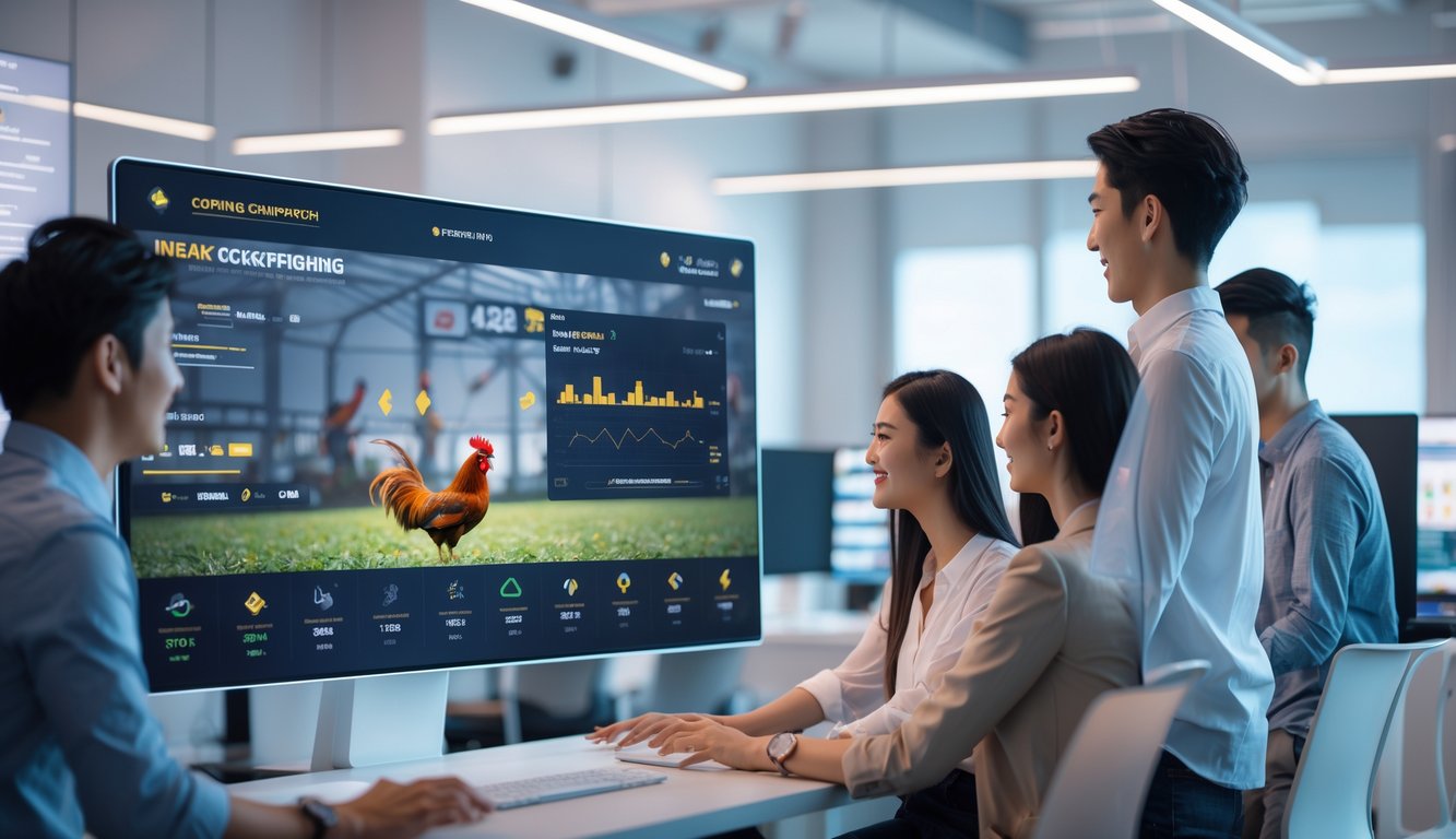 Orang-orang muda sedang menggunakan layar sentuh besar dengan tampilan platform permainan sabung ayam secara langsung di kantor modern.