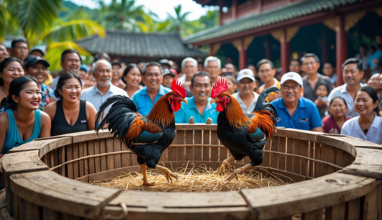 Dua ayam jago sedang bertarung di arena sabung ayam dengan penonton yang antusias menyaksikan di latar belakang.