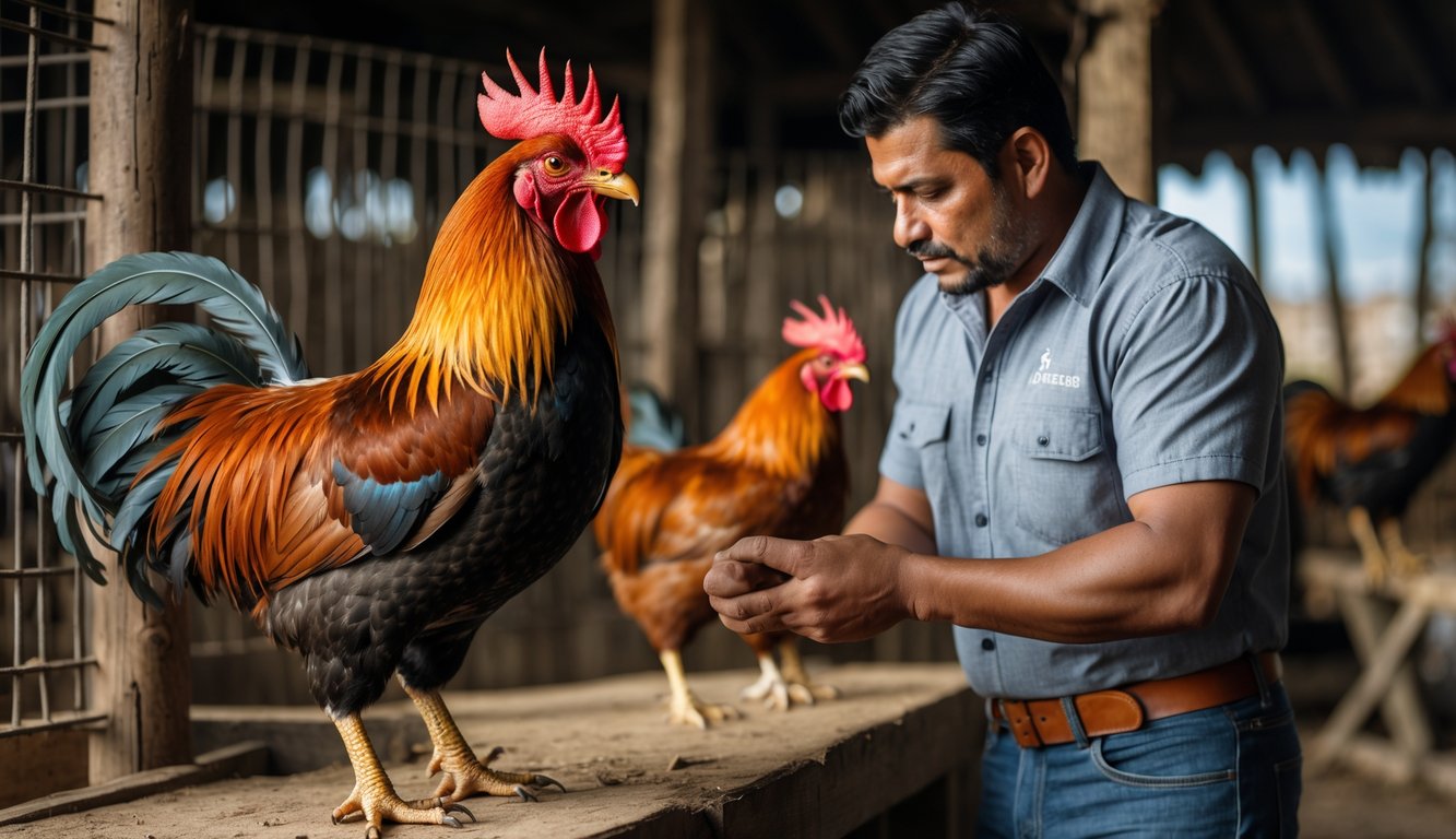 Seorang pria sedang memeriksa ayam aduan yang sehat dan kuat di lingkungan luar ruangan dengan kandang kayu tradisional di latar belakang.