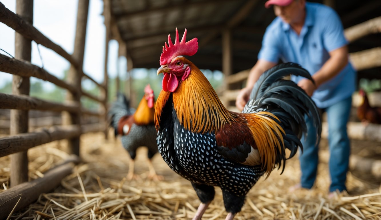 Seekor ayam aduan yang sehat dan kuat berdiri di area tradisional dengan latar belakang arena sabung ayam dan seseorang sedang memegang ayam lain.