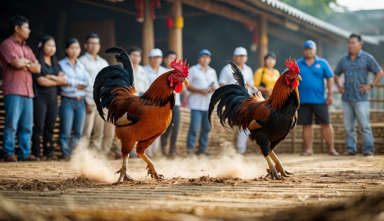 Dua ayam jago sedang bertarung di arena terbuka dengan beberapa orang menonton dan berdiskusi di latar belakang.