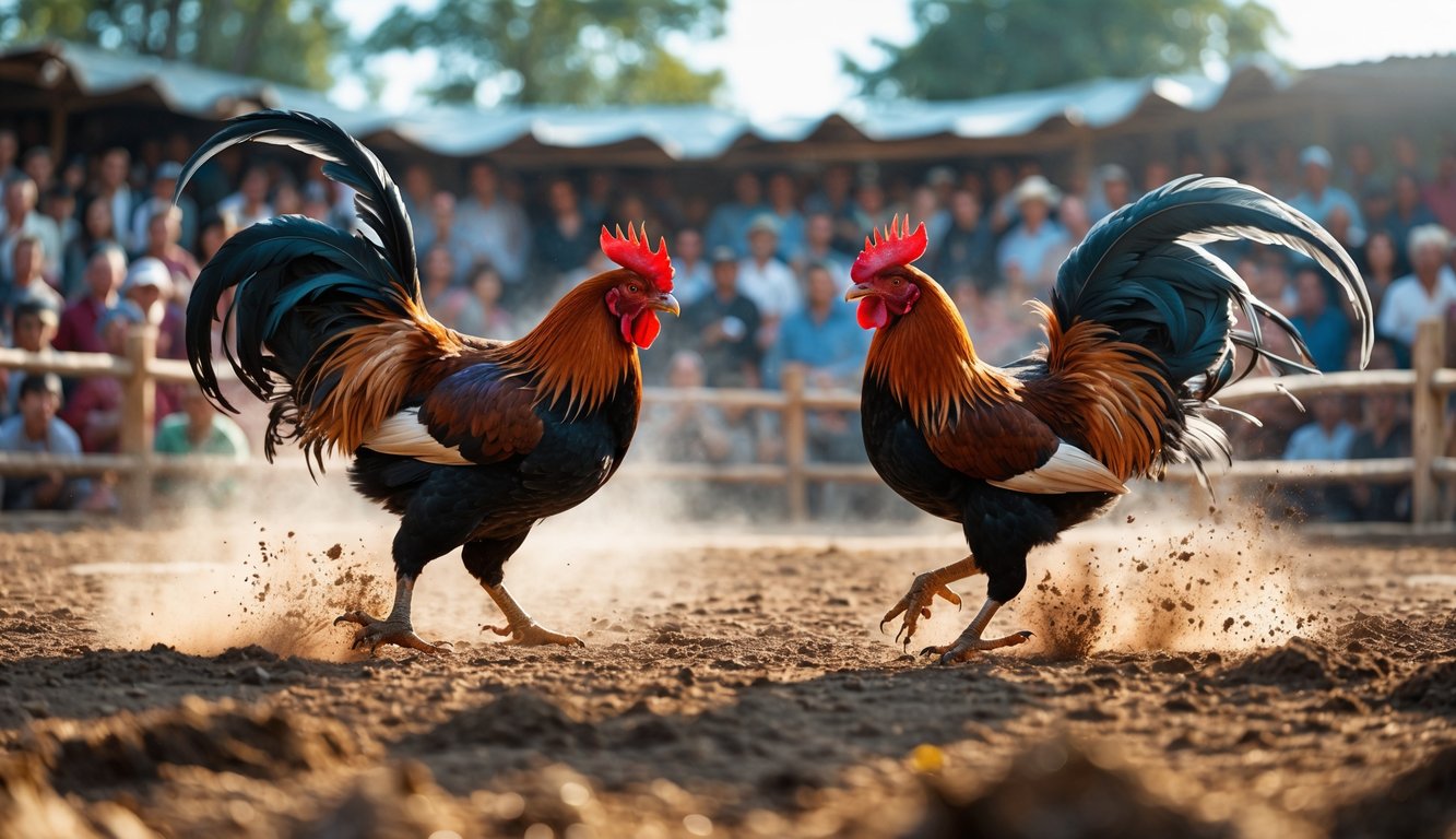 Dua ayam jago sedang bertarung di arena luar ruangan dengan penonton yang memperhatikan di latar belakang.