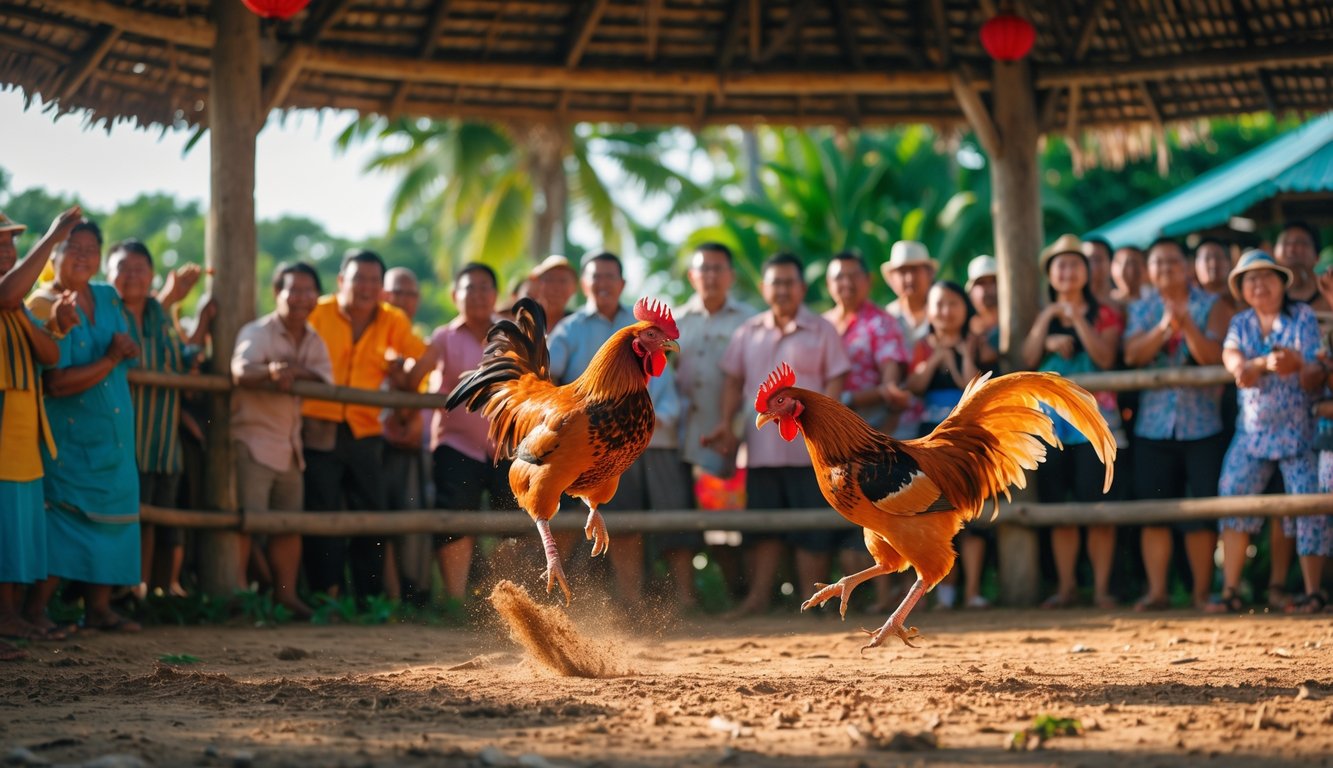 Pertarungan ayam jago di arena kayu dengan penonton yang antusias di sekelilingnya, dikelilingi oleh pemandangan tropis.
