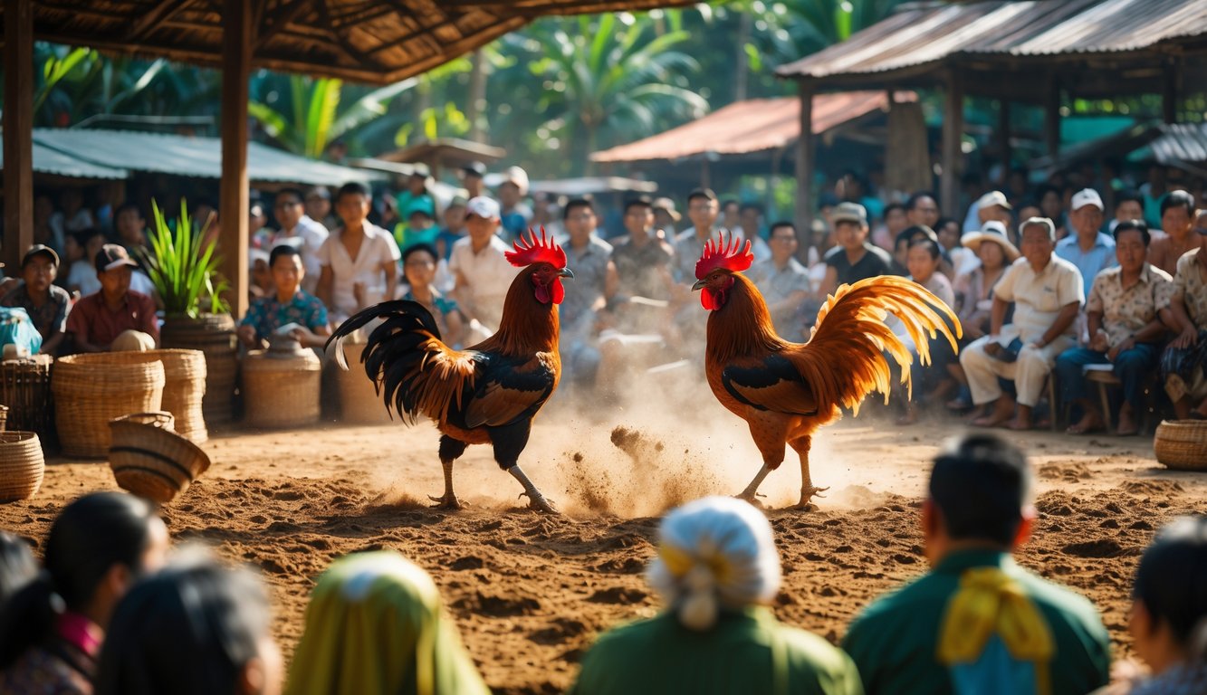 Dua ayam jago bertarung di arena sabung ayam dengan penonton yang antusias di sekitarnya di suasana luar ruangan di Asia Tenggara.