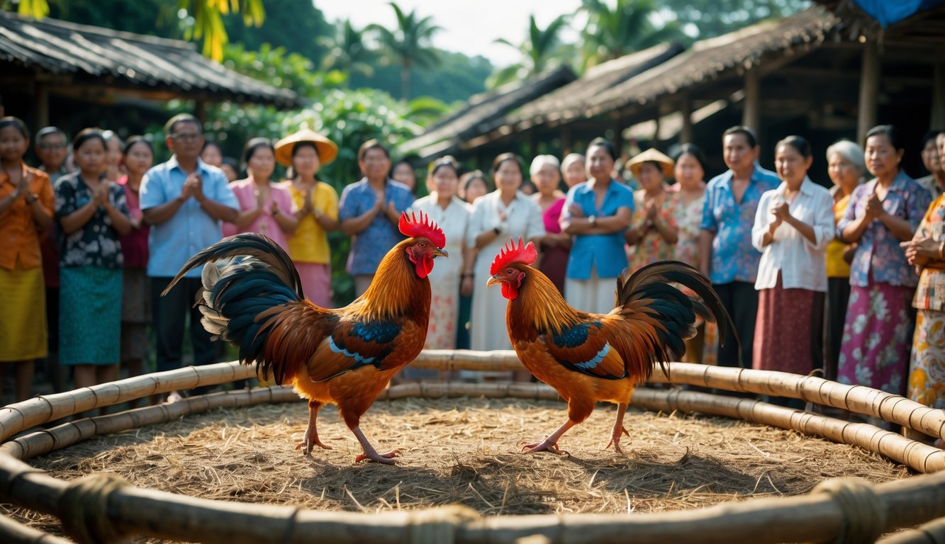 Dua ayam jantan sedang bertarung di arena tradisional dengan penonton mengenakan pakaian tradisional Asia Tenggara mengelilingi mereka di sebuah desa dengan latar belakang alam hijau.