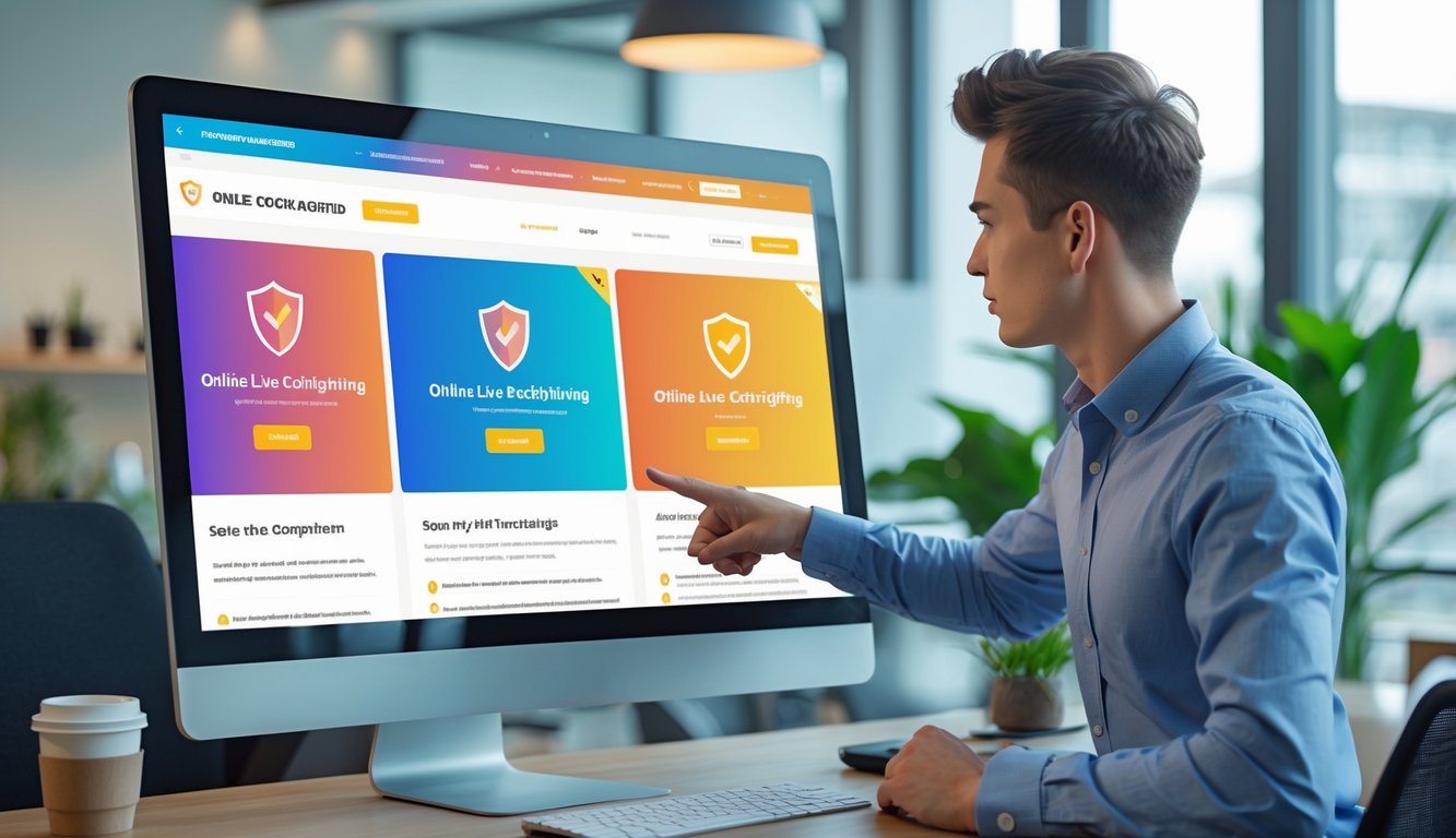 Seorang profesional muda sedang menggunakan layar komputer besar untuk membandingkan dua situs online sabung ayam secara langsung di kantor modern.