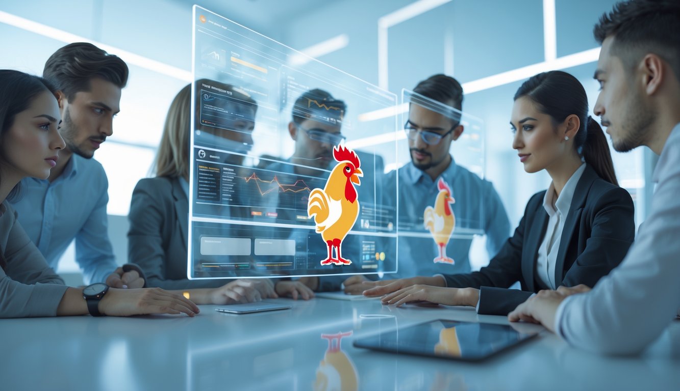 Beberapa orang sedang berdiskusi dan menganalisis data di depan layar digital di ruang kantor modern.