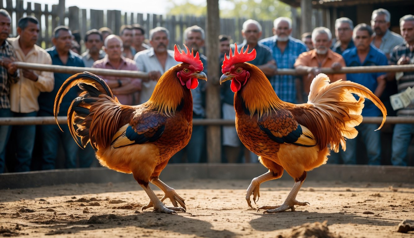 Dua ayam aduan saling berhadapan di arena dengan penonton yang fokus menyaksikan di sekelilingnya.