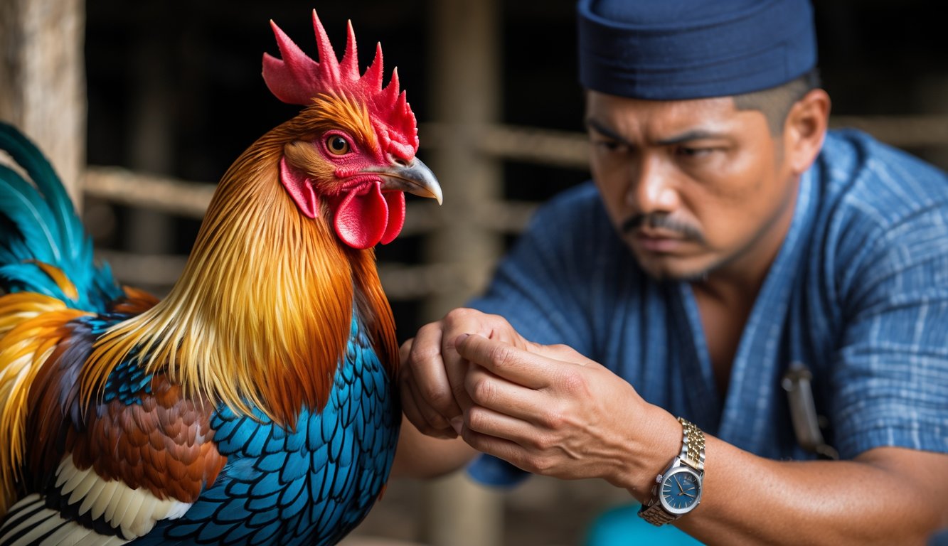 Seorang pria sedang memeriksa ayam aduan berkualitas dengan latar belakang kabur di luar ruangan.