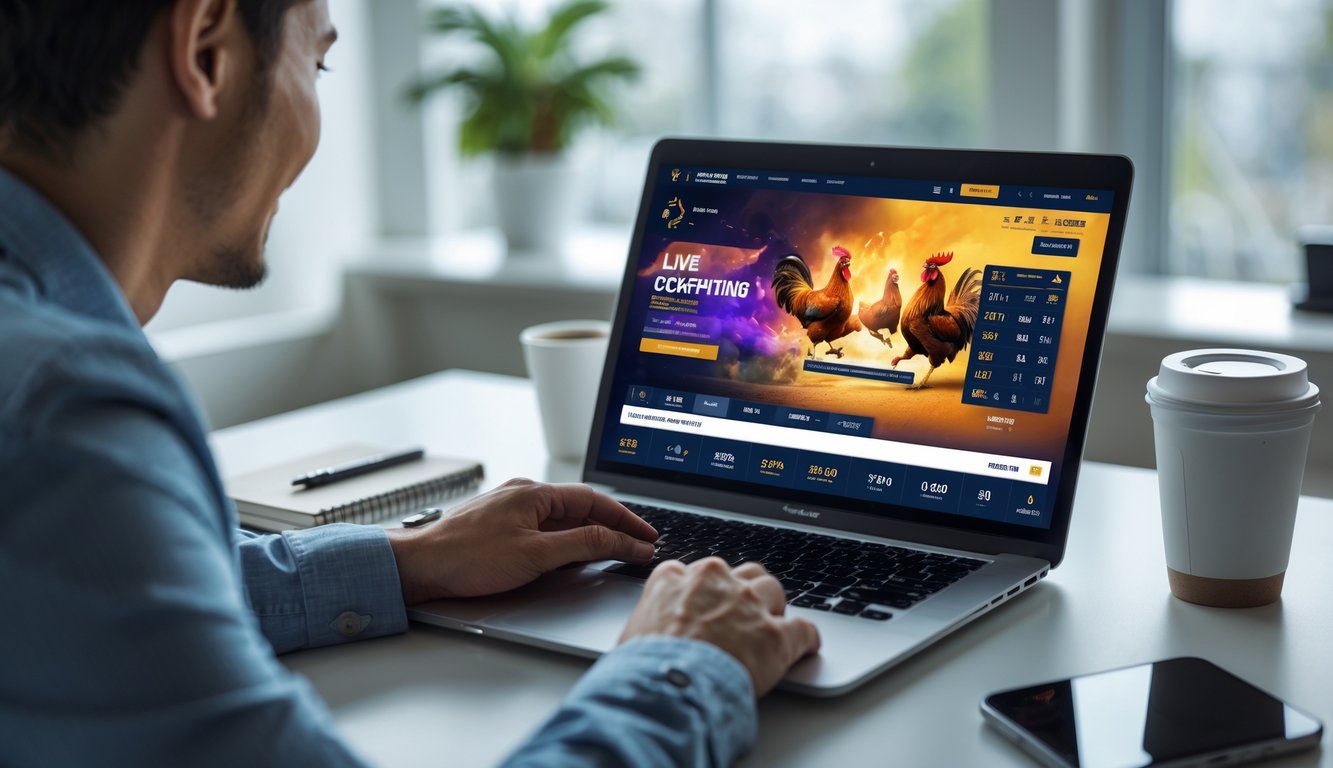 Seseorang sedang menonton sabung ayam secara langsung di laptop dengan ekspresi fokus dan antusias di sebuah meja kerja yang rapi.