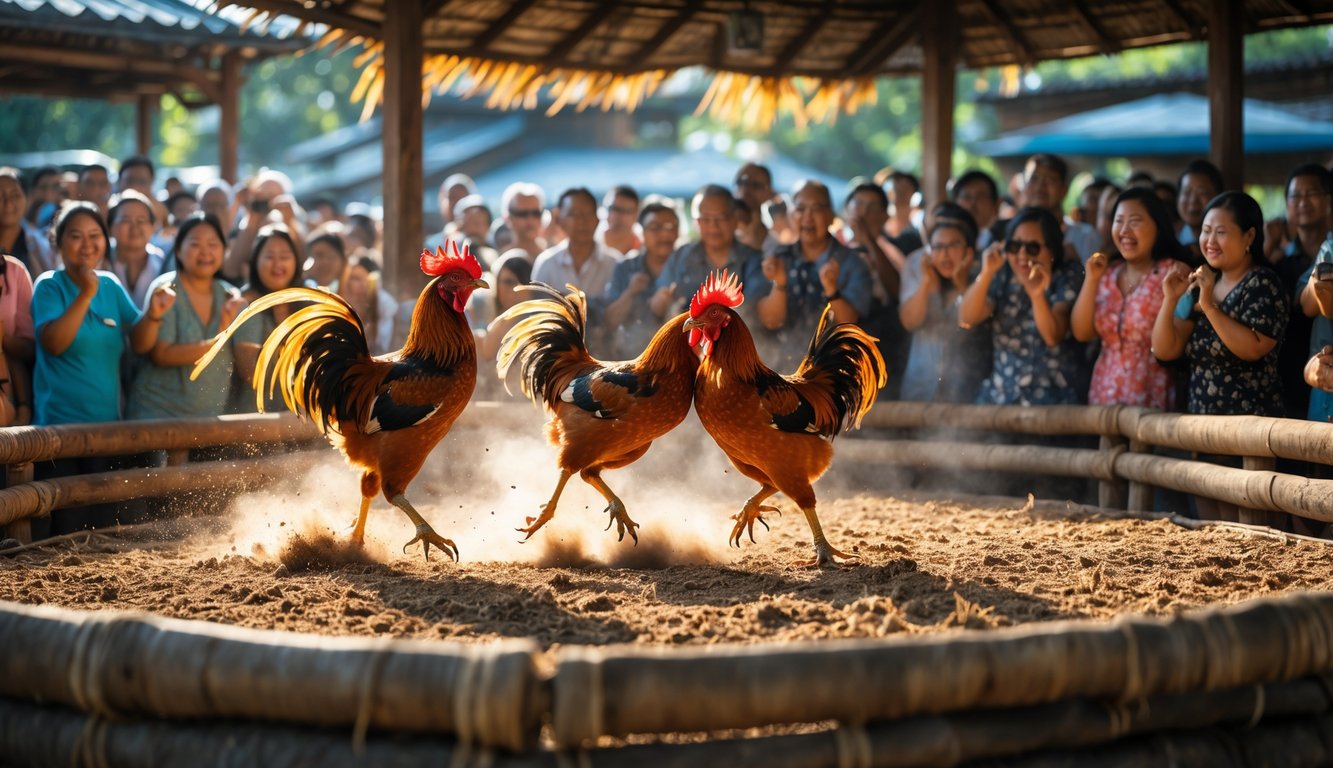 Dua ayam jantan sedang bertarung di arena dengan penonton yang antusias mengelilingi mereka.
