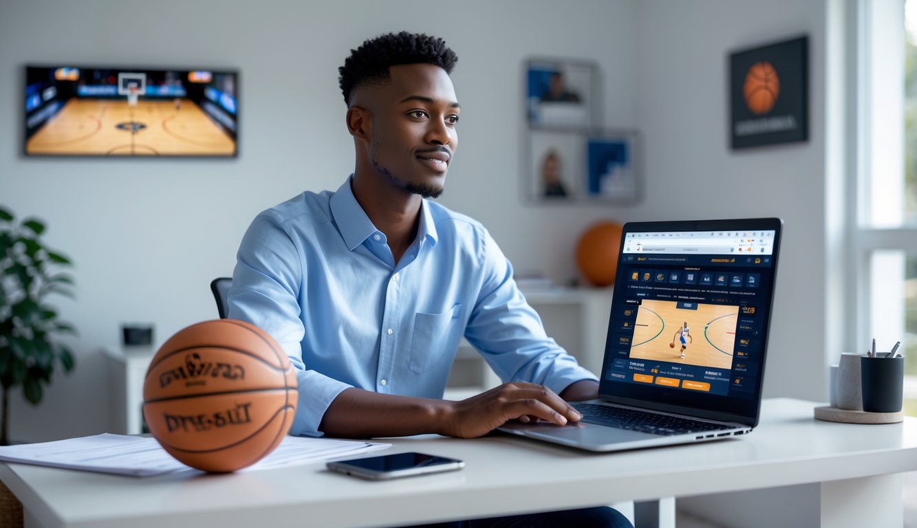 Seorang pria muda duduk di meja dengan laptop yang menampilkan pertandingan bola basket, di ruang kerja rumah yang rapi dengan dekorasi bertema bola basket.