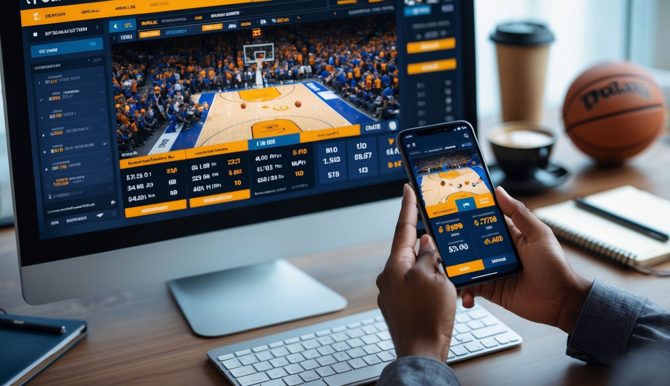 Seseorang menggunakan komputer dan ponsel untuk memasang taruhan pada pertandingan bola basket online di meja kerja yang rapi.