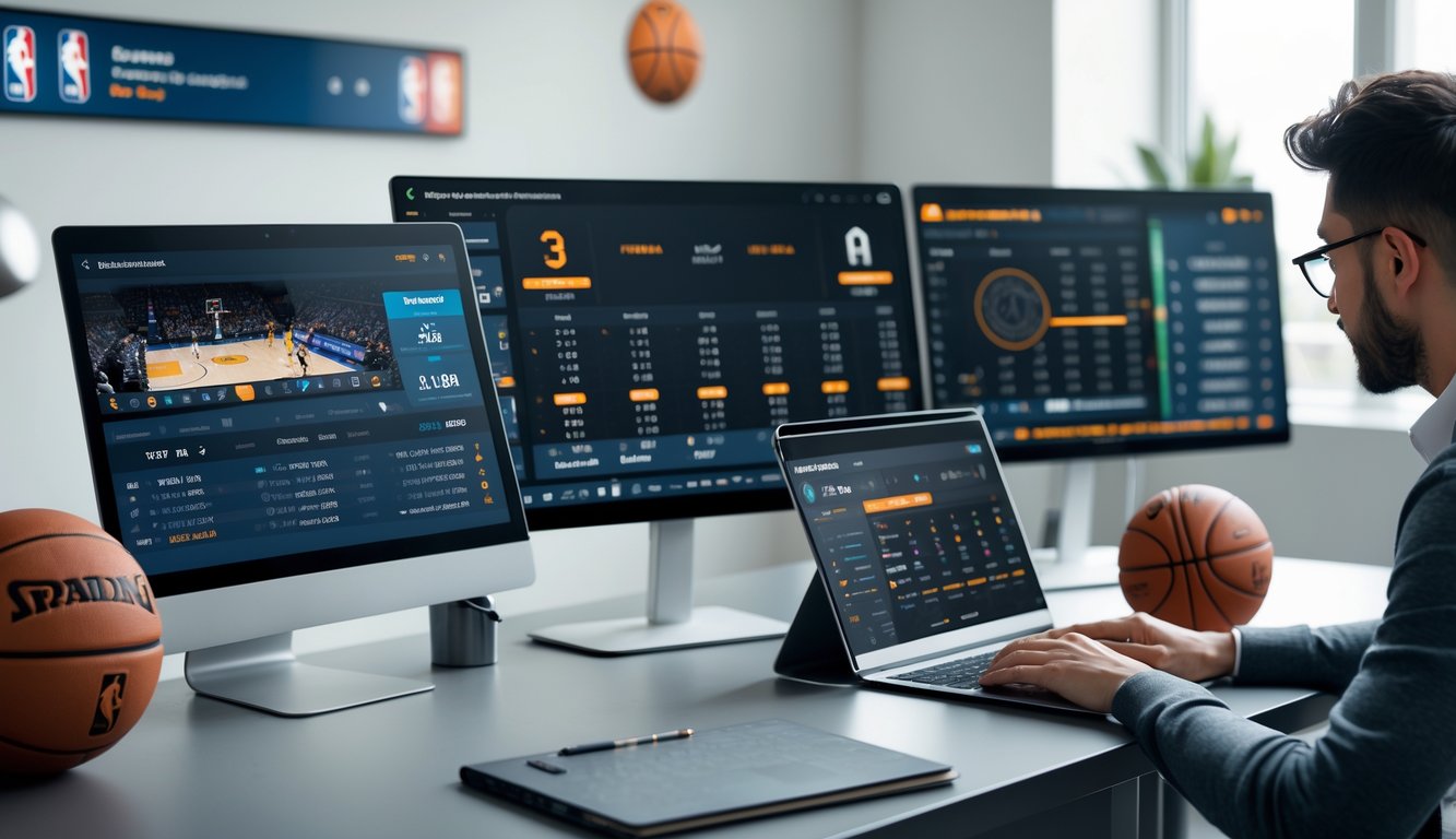 Seseorang sedang menganalisis data pertandingan NBA di meja kerja dengan layar komputer dan tablet, di sekitar meja terdapat bola basket dan buku catatan.