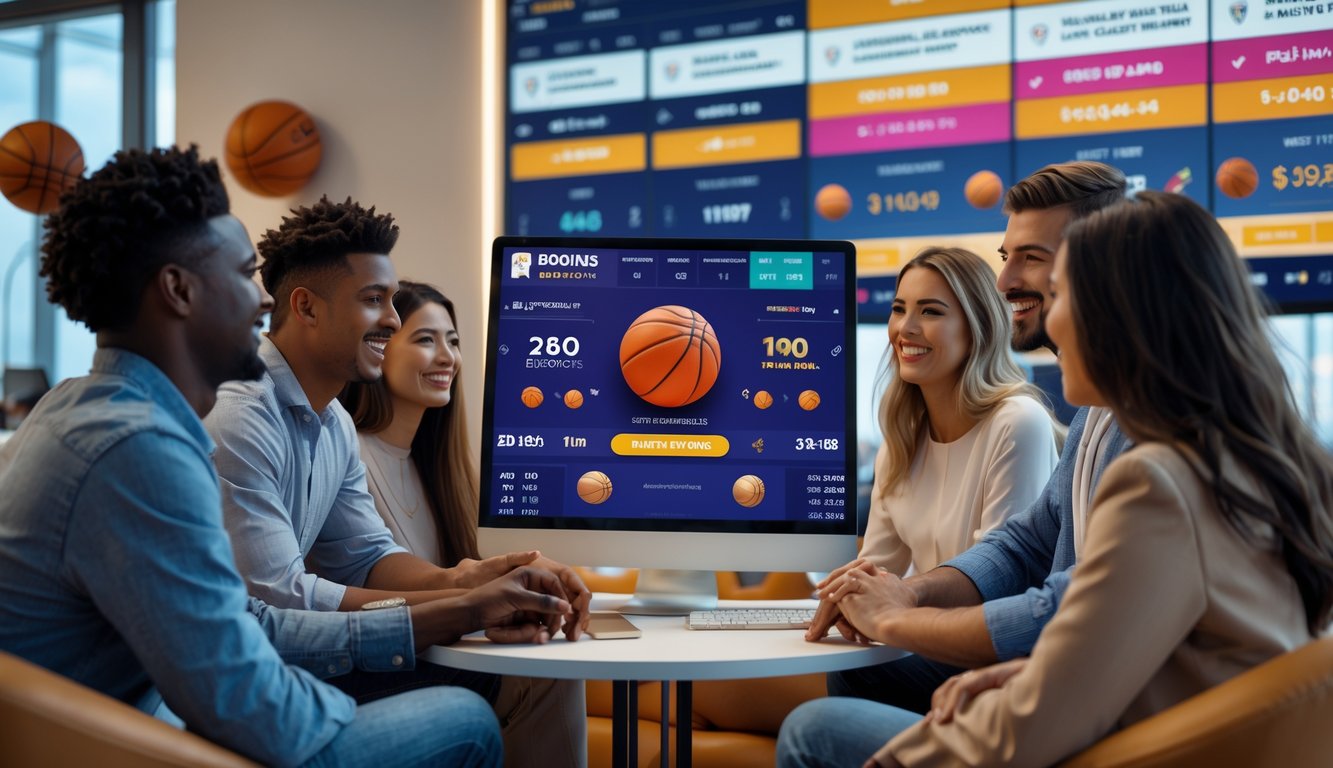 Sekelompok orang muda sedang melihat layar besar yang menampilkan statistik dan promosi taruhan bola basket di ruangan modern.