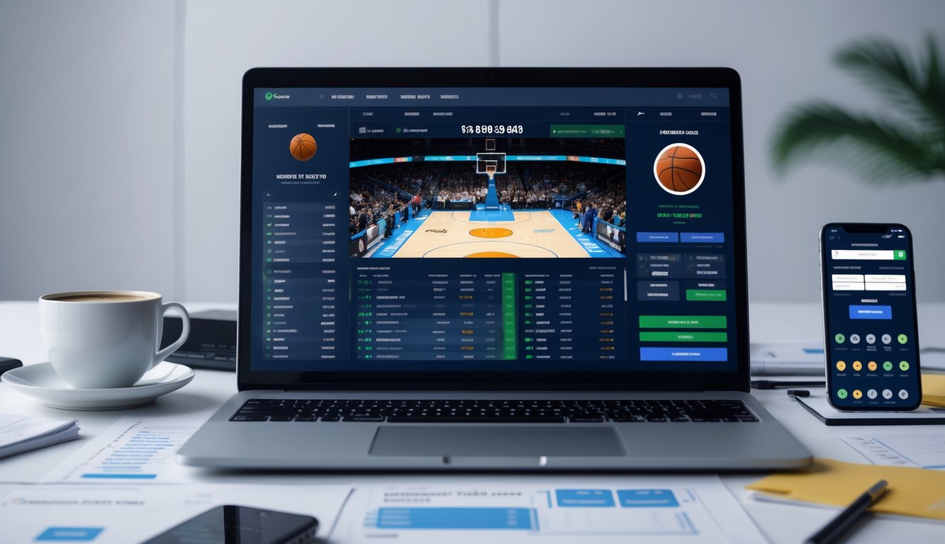 Seorang pria menggunakan laptop dengan tampilan pertandingan bola basket dan aplikasi taruhan online di meja kerja modern.