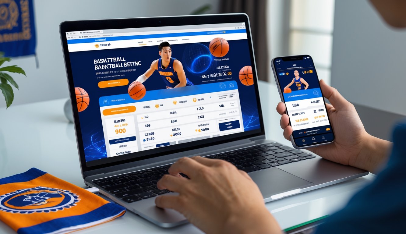 Meja kerja dengan laptop dan ponsel yang menampilkan situs taruhan bola basket, dengan tangan seseorang yang sedang menggunakan perangkat tersebut.
