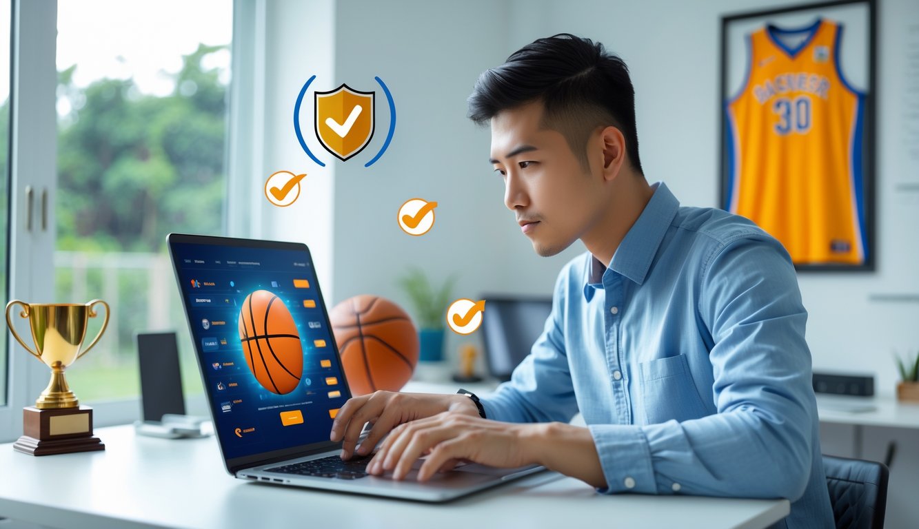 Seorang pria muda Indonesia duduk di meja dengan laptop, dikelilingi oleh elemen bertema bola basket dan simbol keamanan, sedang memilih opsi di layar komputer di sebuah ruang kerja yang terang dan rapi.