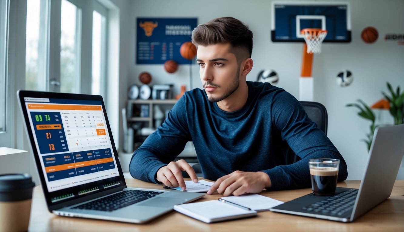 Seorang pria muda duduk di meja dengan laptop, tablet, dan ponsel, menganalisis data dan memasang taruhan judi bola basket online.