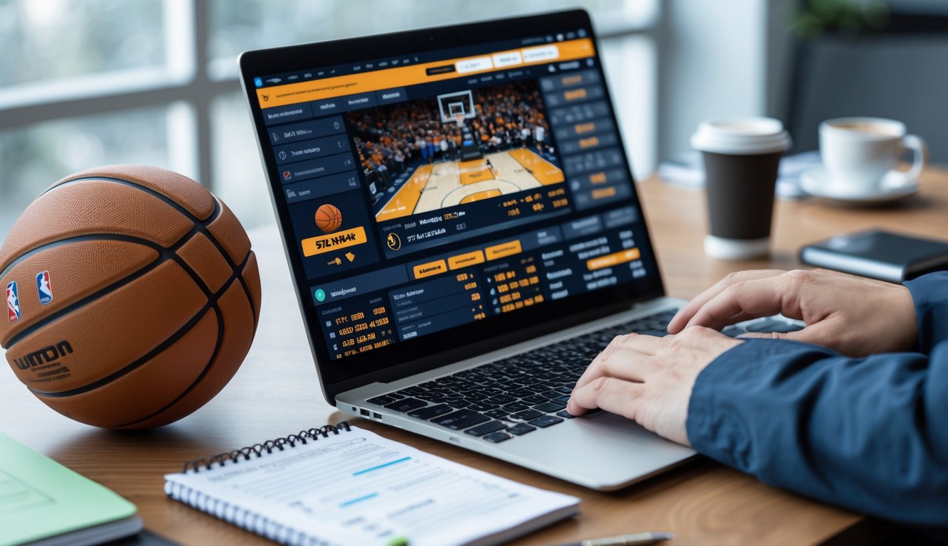 Seseorang menggunakan laptop dengan tayangan pertandingan bola basket dan statistik taruhan di meja kerja dengan bola basket kecil dan catatan strategi di sekitarnya.