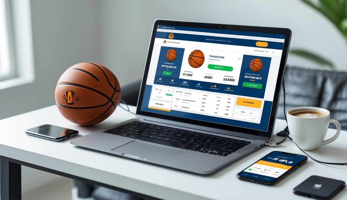 Sebuah ruang kerja modern dengan komputer yang menampilkan situs taruhan bola basket, bola basket di meja, dan ponsel dengan informasi taruhan.