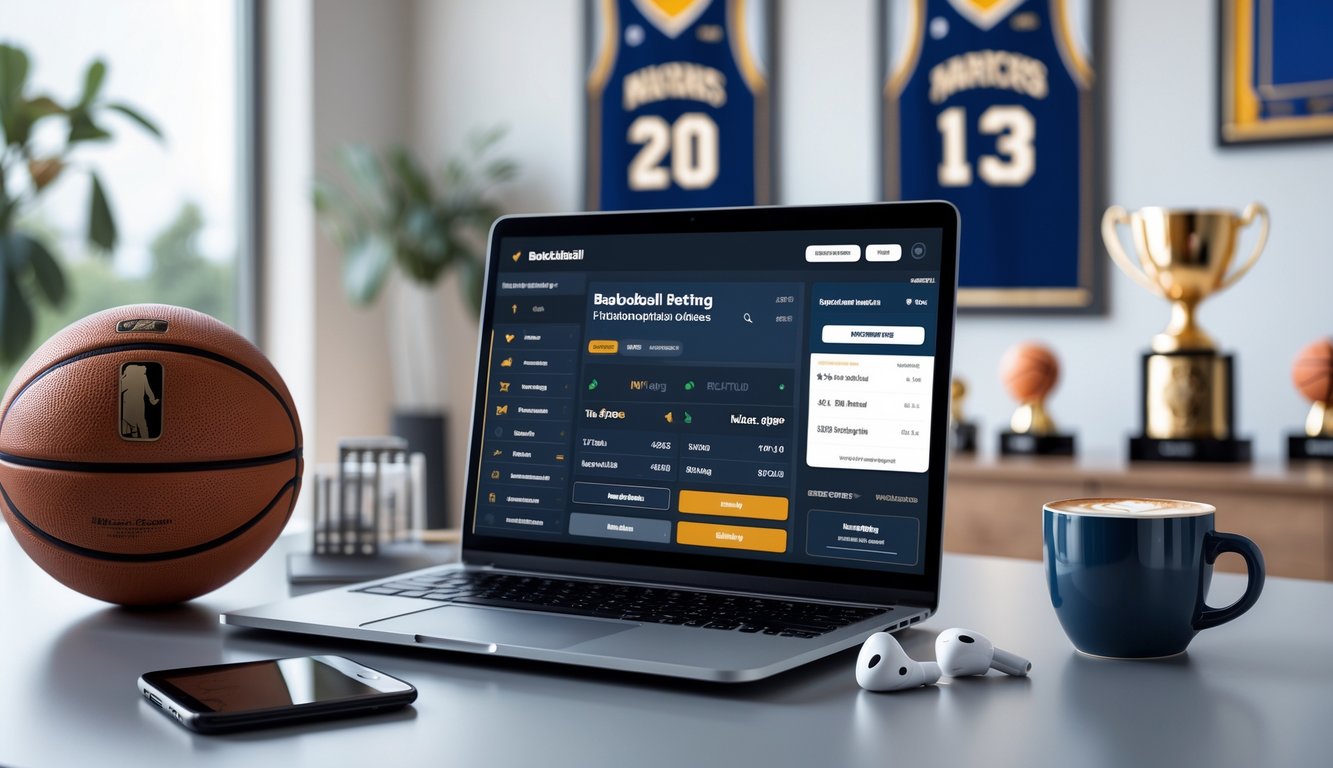 Meja kerja modern dengan laptop yang menampilkan situs taruhan bola basket, bola basket, ponsel, dan cangkir kopi di sekitarnya.