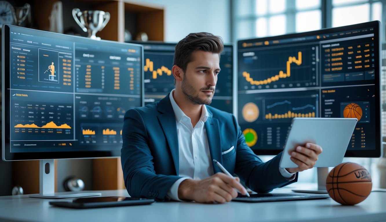 Seorang analis duduk di meja dengan beberapa layar komputer menampilkan statistik dan grafik basket, sedang mempelajari data tim basket dengan serius.