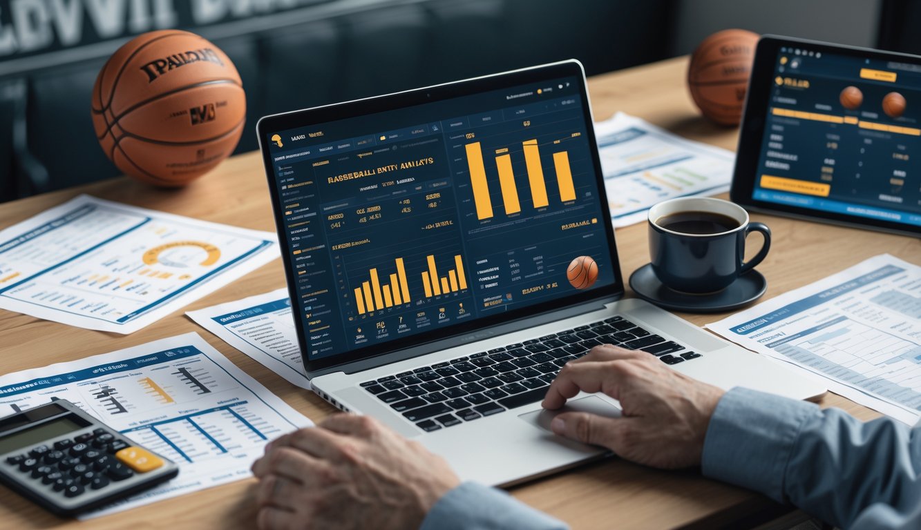 Meja kerja dengan laptop menampilkan statistik tim basket, kertas data, kalkulator, dan bola basket di latar belakang.