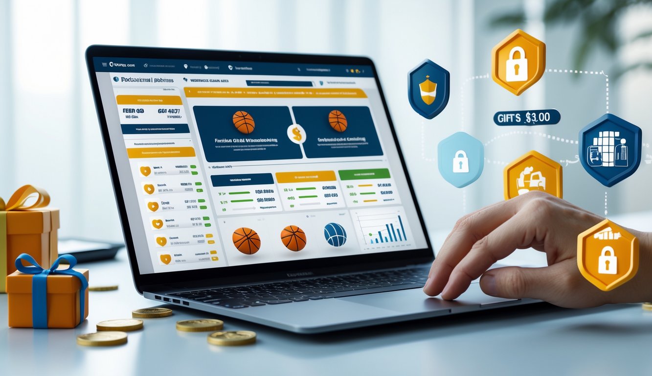 Meja kerja dengan laptop yang menampilkan situs judi basket online, ikon keamanan, bonus, dan fitur lengkap, serta tangan seseorang yang sedang menggunakan laptop.
