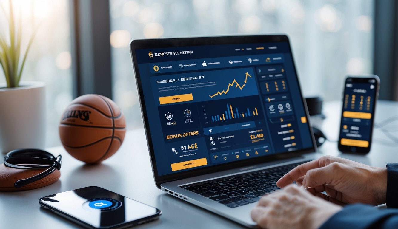 Seseorang menggunakan laptop dengan tampilan situs judi basket online, di meja terdapat bola basket kecil dan ponsel, suasana kerja yang fokus dan profesional.