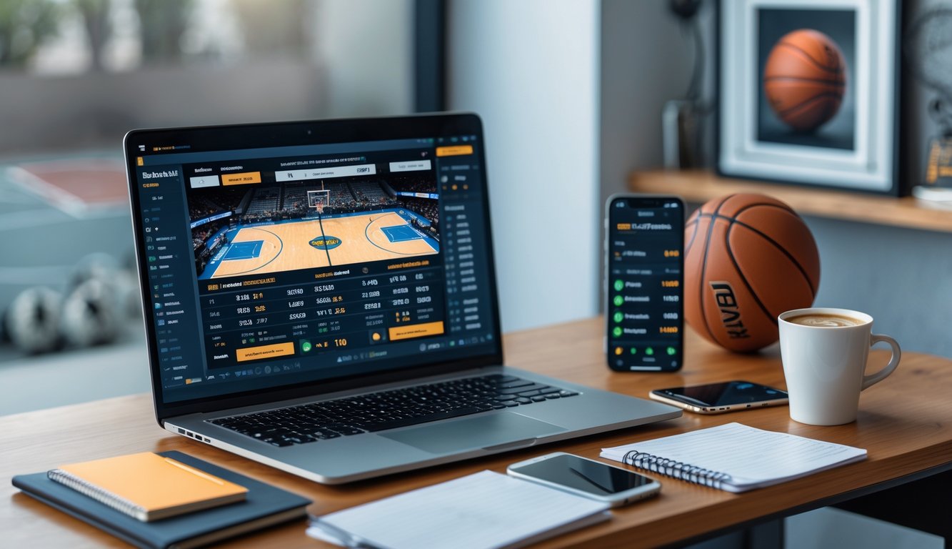 Sebuah meja kerja dengan laptop menampilkan pertandingan basket langsung dan peluang taruhan, dikelilingi catatan, ponsel dengan pembaruan taruhan, dan secangkir kopi.