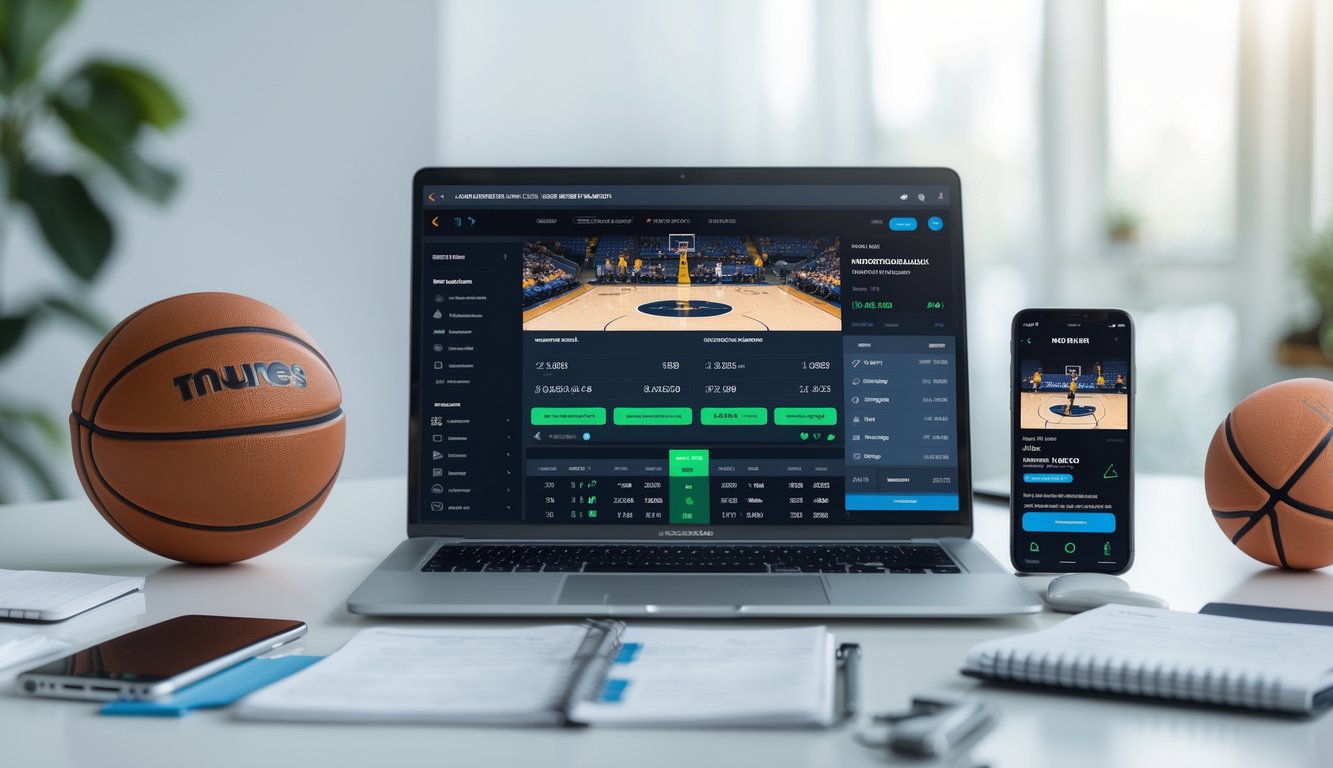 Seseorang menggunakan laptop dan smartphone untuk memasang taruhan bola basket online dengan bola basket dan catatan taruhan di meja.