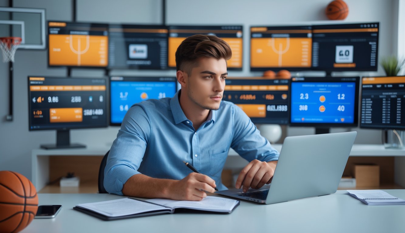 Seorang pria muda duduk di meja dengan beberapa layar yang menampilkan statistik dan pertandingan bola basket, sedang menganalisis data dengan serius.